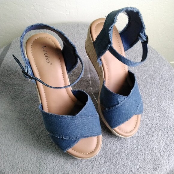 Luoika Blue Denim Espadrille Wedge Platform Sandals Size 11.5 XW Ankle Strap - Picture 1 of 10